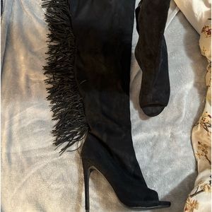 Women’s thigh high, black fringe suede Boot